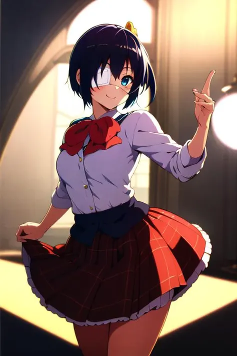 masterpiece,bestquality,ultra-detailed,Cinematic Lighting,llustration,masterpiece, best quality, 1girl, 1girl in frame, medium hair, solo, skatesrealistic and detailed clothes, fine fabric emphasis, photorealistic, (extremely detailed), detailed hair, best resolution, best quality, ((medium breasts)), best resolution, best quality, (Masterpiece), extremely detailed face, Original Character, perfect lighting, best colors, colorful, beautiful, fine detail, ultra high resolution, Natural Volumetric Lighting And Best Shadows, Deep Depth Of Field, (Highest Quality, Amazing Details:1.4), takanashi rikka, smiling, blue eyes, medical eyepatch, red skirt, school uniform, serafuku, <lora:Takanashi Rikka:0.7><hypernet:Takanashi Rikka:0.5>