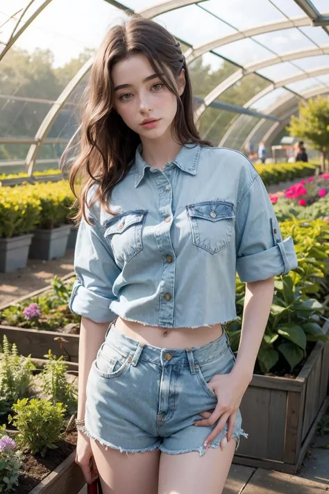 <lora:dashataran:0.9>dashataran, a woman wearing button shirt and denim shorts, greenhouse, (rim lighting:0.5)