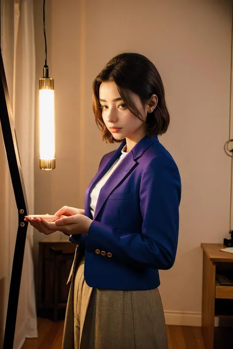 <lora:dashataran:0.9>dashataran, a woman wearing blazer and culottes, craft workshop, (cinematic lighting:0.5)