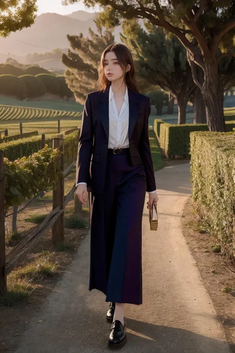 <lora:dashataran:0.9>dashataran, a woman wearing blazer and culottes, vineyard, (chiaroscuro:0.5)