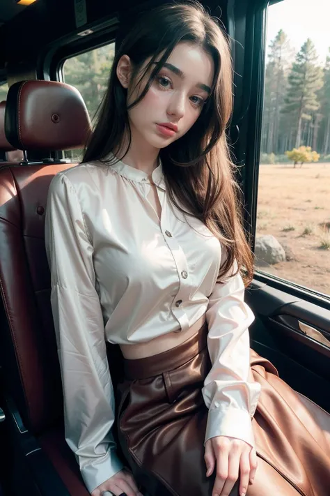 <lora:dashataran:0.9>dashataran, a woman wearing silk blouse and midi skirt, cabin interior, (rim lighting:0.5)