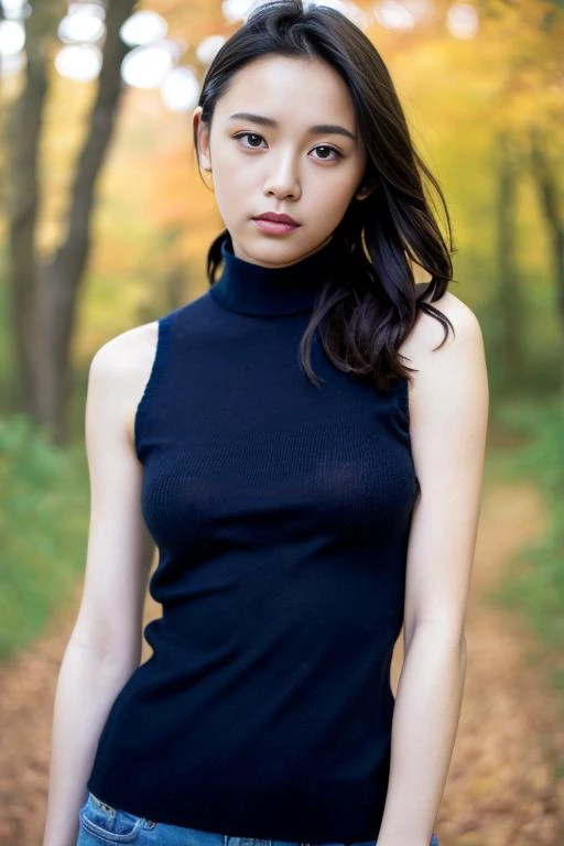 (Raw photo, Best Quality), (Realistic, Photorealsitic:1.3), masutepiece, Extremely delicate and beautiful, Soft light, (Brown hair, Shoulder-length straight hair swaying in the wind), Beautiful detailed girl, (Detailed fingers), extremely detailed eye and face, beautiful detailed nose, Beautiful detailed eyes, 1 girl, Japanese, Neat and clean beauty, Cute, young, ((turtleneck knit tanktop)), Pants, (Half body:1.3), (big breasts:1.3), Realistic face, Realistic body, standing