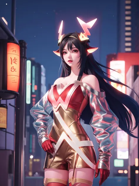 WZRYyaoZWHZ, 1girl, solo, thighhighs, long hair, red gloves, looking at viewer,short dress, bare shoulders,lips, gradient, see-through,cityscape, night, hand on hip, mature female, cowboy shot, animal ears, <lora:WZRYyaoZWHZii:0.75>,