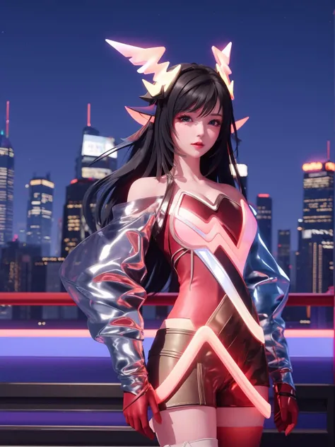 WZRYyaoZWHZ, 1girl, solo, thighhighs, long hair, red gloves, looking at viewer,short dress, bare shoulders,lips, gradient, see-through,cityscape, night, hand on hip, mature female, cowboy shot, animal ears, <lora:WZRYyaoZWHZii:0.75>,