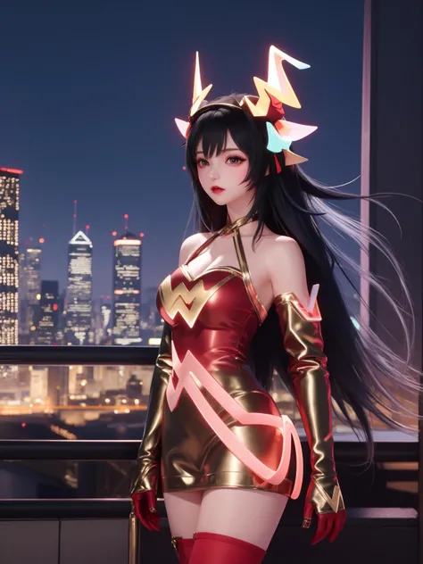 <lora:WZRYyaoZWHZ:0.75>,WZRYyaoZWHZ, 1girl, thighhighs, long hair, dress, animal ears, black hair, looking at viewer, red gloves,bare shoulders, short dress, see-through,cityscape, night, mature female, cowboy shot,