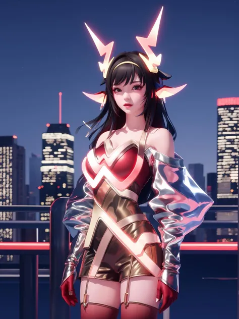 WZRYyaoZWHZ, 1girl, solo, thighhighs, long hair, red gloves, looking at viewer,short dress, bare shoulders,lips, gradient, see-through,cityscape, night, hand on hip, mature female, cowboy shot, animal ears, <lora:WZRYyaoZWHZii:0.75>,