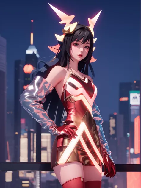 WZRYyaoZWHZ, 1girl, solo, thighhighs, long hair, red gloves, looking at viewer,short dress, bare shoulders,lips, gradient, see-through,cityscape, night, hand on hip, mature female, cowboy shot, animal ears, <lora:WZRYyaoZWHZii:0.75>,
