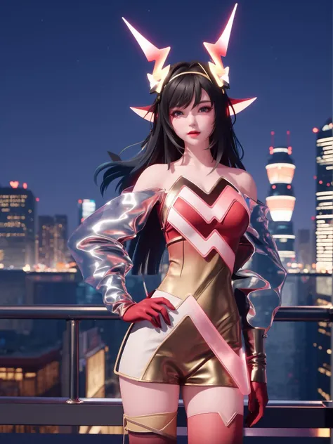 WZRYyaoZWHZ, 1girl, solo, thighhighs, long hair, red gloves, looking at viewer,short dress, bare shoulders,lips, gradient, see-through,cityscape, night, hand on hip, mature female, cowboy shot, animal ears, <lora:WZRYyaoZWHZii:0.75>,