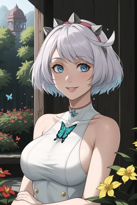 <lora:guiltygear_strive_elphelt_v11-10:1>, (masterpiece, best quality:1.2), striveelphelt, 1girl, solo, beautiful dark blue eyes, detailed white hair, inviting smile, sleeveless, outdoors, botanical garden, butterflies, hummingbirds, flowers, plant, tree, orchid house, garden tours, garden tea parties, butterfly pavilion, pxint, portrait, looking at viewer, detailed face, droplets, flowing, with a splash of paint, rim lighting, (abstract:0.8)