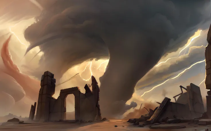 masterpiece by waspsalad:1.2, by photonoko, by sallyhot, by skygracer:0.4,(, desert, wind, sandstorm, middle eastern mythology, (widescreen),, <lora:more_details:0.2> ,, light from behind, ruins, gate, ((tornado:1.2)), <lora:tornado:1>, (wallcloud:1.2), , lightning,