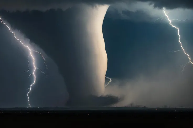 photo of a (wedge tornado), lightning, electricity, realistic, (masterpiece:1.3), (best quality:1.3), beautiful, (intricate details), unity 8k wallpaper, ultra detailed, beautiful, aesthetic, perfect lighting, <lora:add_detail:0.2> <lora:tornado:1>