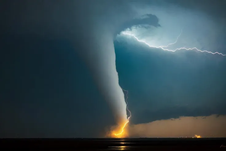 photo of a (wedge tornado), lightening, electricity, realistic, (masterpiece:1.3), (best quality:1.3), beautiful, (intricate details), unity 8k wallpaper, ultra detailed, beautiful, aesthetic, perfect lighting, <lora:add_detail:0.2> <lora:tornado:1>