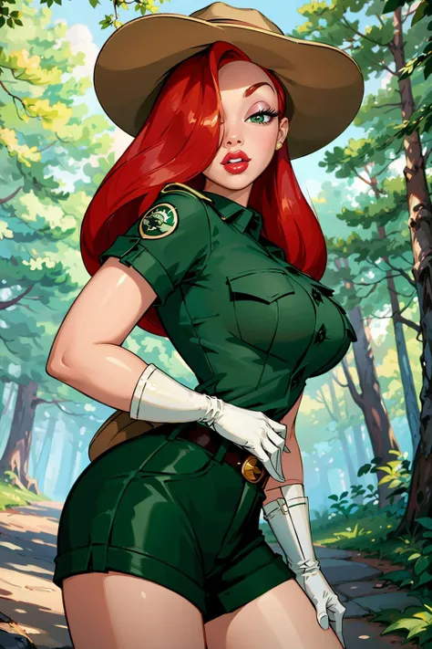 ((best quality)), ((masterpiece)), (intricate details, hyperdetailed:1.15), 35mm, bokeh, (perfect face, highest detailed face), (cowboy shot, mid-angle shot), fashion photography of jessicaranger, 1girl, (red hair:1.3), long hair, hair over one eye, green eyes, lipstick, makeup, hat, green shirt, short sleeves, shorts, belt, white gloves, ranger uniform, <lora:JessicaRabbit:0.9>, lips, large breasts, beautiful,, mascara, lip gloss, perfect eyes, long eyelashes, long hair, looking at viewer, 8k, shiny, glow, (bloom), beautiful girl, photoshoot, in national park, forest setting,