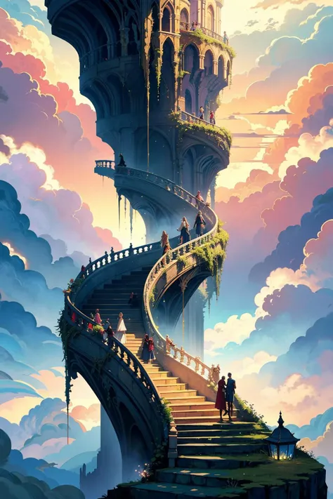 A surreal depiction of the quest for equality, represented by a vast, ((endless staircase winding through the clouds)), with diverse people climbing together toward a shining, elusive doorway at the top. The scene blends elements of fantasy and reality, with barriers along the path symbolizing various social obstacles. The mood is hopeful yet challenging, with ethereal lighting and symbolic motifs scattered throughout.