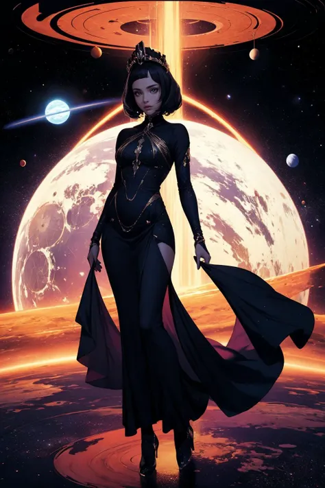 Futuristic-space-empress-dress-with-a-structured-silhouette-and-cosmic-patterns in-a-thematic-scene full-body-which-takes-the-majority-of-the-space