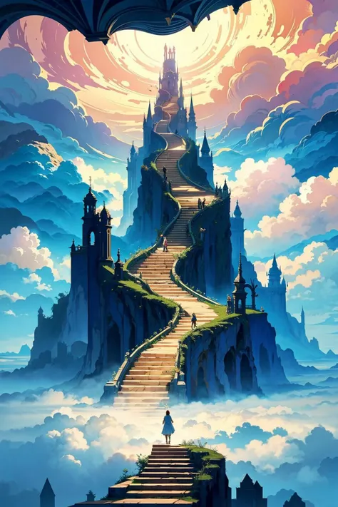 A surreal depiction of the quest for equality, represented by a vast, ((endless staircase winding through the clouds)), with diverse people climbing together toward a shining, elusive doorway at the top. The scene blends elements of fantasy and reality, with barriers along the path symbolizing various social obstacles. The mood is hopeful yet challenging, with ethereal lighting and symbolic motifs scattered throughout.