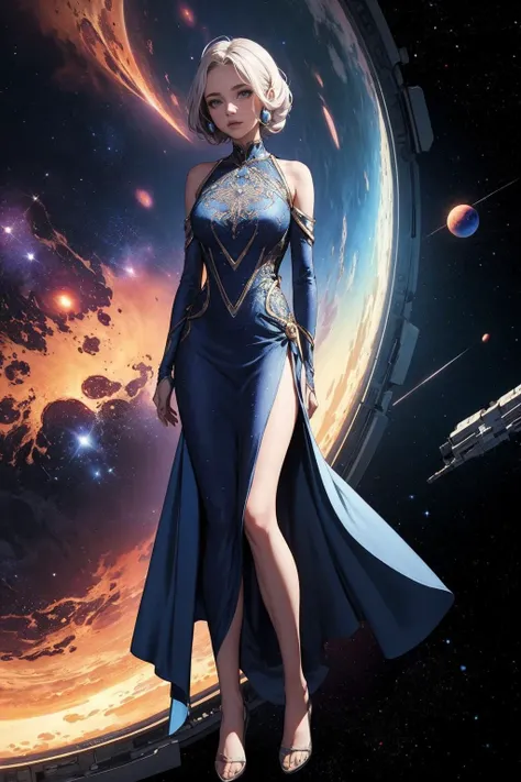 Futuristic-space-empress-dress-with-a-structured-silhouette-and-cosmic-patterns in-a-thematic-scene full-body-which-takes-the-majority-of-the-space