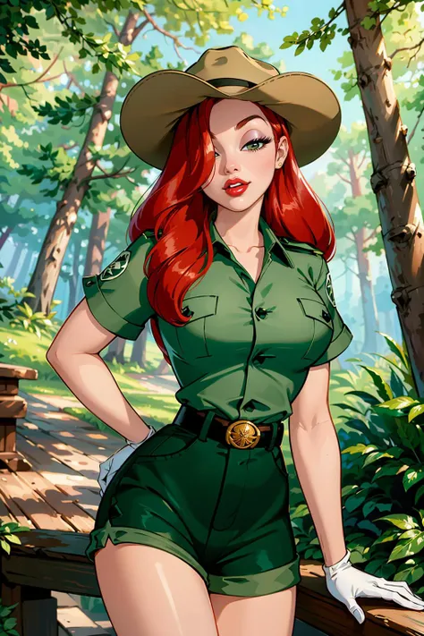 ((best quality)), ((masterpiece)), (intricate details, hyperdetailed:1.15), 35mm, bokeh, (perfect face, highest detailed face), (cowboy shot, mid-angle shot), fashion photography of jessicaranger, 1girl, (red hair:1.3), long hair, hair over one eye, green eyes, lipstick, makeup, hat, green shirt, short sleeves, shorts, belt, white gloves, ranger uniform, <lora:JessicaRabbit:0.9>, lips, large breasts, beautiful,, mascara, lip gloss, perfect eyes, long eyelashes, long hair, looking at viewer, 8k, shiny, glow, (bloom), beautiful girl, photoshoot, in national park, forest setting,