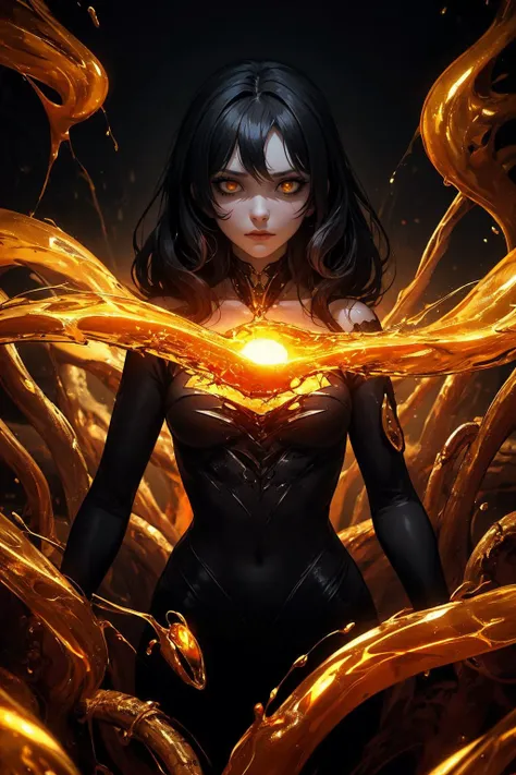 In the depths of the amber,a dark and mysterious world unfolds,where a surreal death woman with eyes of liquid gold wanders,lost in the amber's enigmatic dreamscape surrealistic,