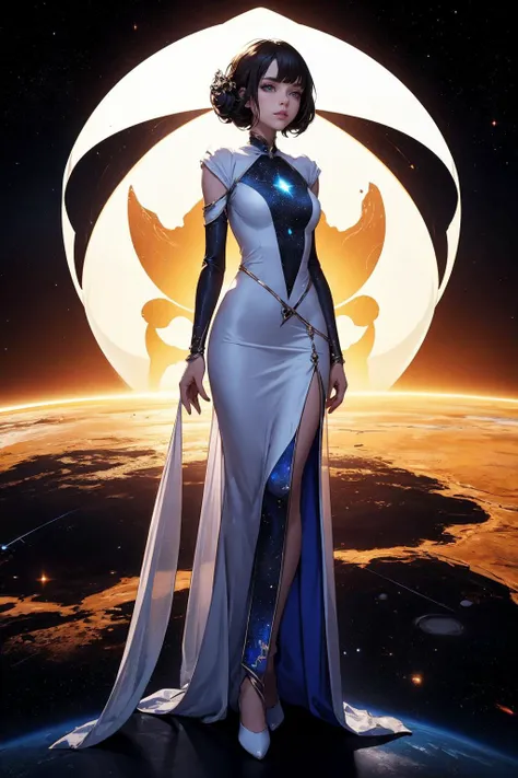 Futuristic-space-empress-dress-with-a-structured-silhouette-and-cosmic-patterns in-a-thematic-scene full-body-which-takes-the-majority-of-the-space