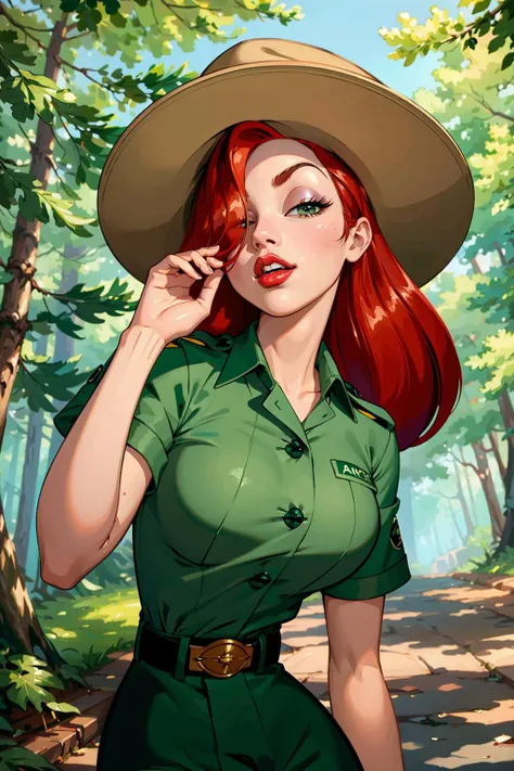 ((best quality)), ((masterpiece)), (intricate details, hyperdetailed:1.15), 35mm, bokeh, (perfect face, highest detailed face), (cowboy shot, mid-angle shot), fashion photography of jessicaranger, 1girl, (red hair:1.3), long hair, hair over one eye, green eyes, lipstick, makeup, hat, green shirt, short sleeves, shorts, belt, white gloves, ranger uniform, <lora:JessicaRabbit:0.9>, lips, large breasts, beautiful,, mascara, lip gloss, perfect eyes, long eyelashes, long hair, looking at viewer, 8k, shiny, glow, (bloom), beautiful girl, photoshoot, in national park, forest setting,