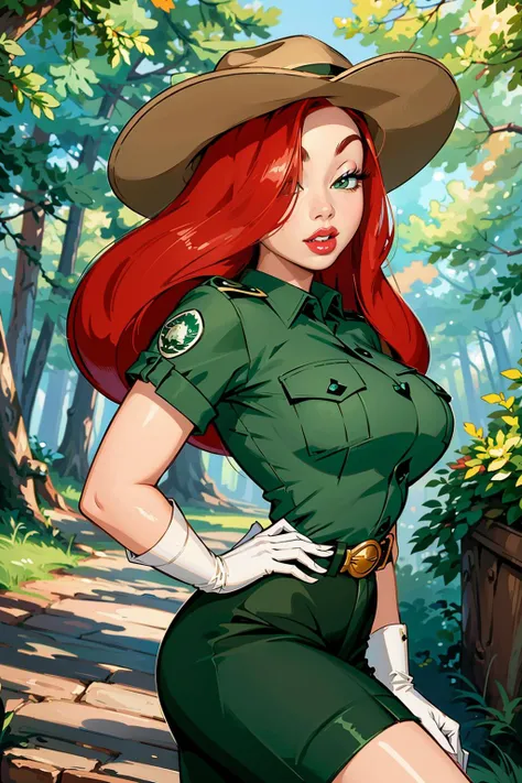 ((best quality)), ((masterpiece)), (intricate details, hyperdetailed:1.15), 35mm, bokeh, (perfect face, highest detailed face), (cowboy shot, mid-angle shot), fashion photography of jessicaranger, 1girl, (red hair:1.3), long hair, hair over one eye, green eyes, lipstick, makeup, hat, green shirt, short sleeves, shorts, belt, white gloves, ranger uniform, <lora:JessicaRabbit:0.9>, lips, large breasts, beautiful,, mascara, lip gloss, perfect eyes, long eyelashes, long hair, looking at viewer, 8k, shiny, glow, (bloom), beautiful girl, photoshoot, in national park, forest setting,