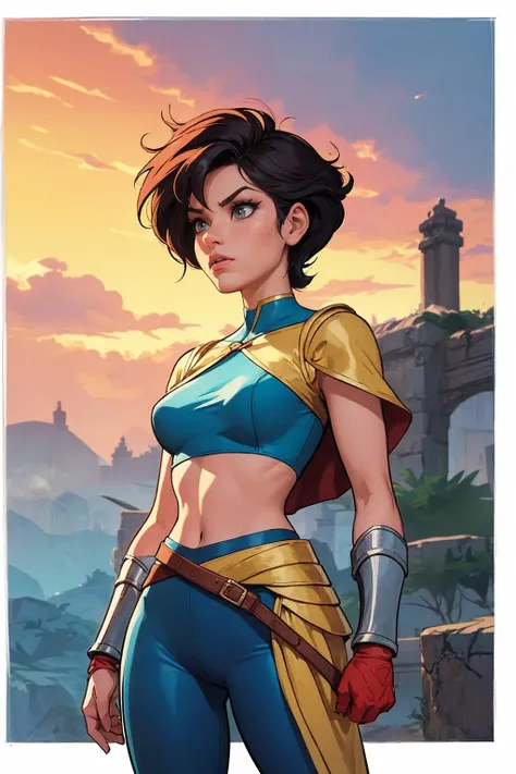 a frame of a animated film of a 80s morning cartoon heroic woman warrior, waist up