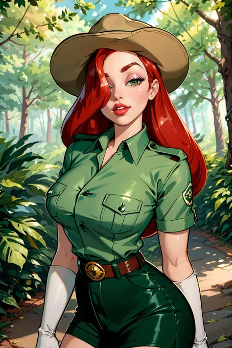 ((best quality)), ((masterpiece)), (intricate details, hyperdetailed:1.15), 35mm, bokeh, (perfect face, highest detailed face), (cowboy shot, mid-angle shot), fashion photography of jessicaranger, 1girl, (red hair:1.3), long hair, hair over one eye, green eyes, lipstick, makeup, hat, green shirt, short sleeves, shorts, belt, white gloves, ranger uniform, <lora:JessicaRabbit:0.9>, lips, large breasts, beautiful,, mascara, lip gloss, perfect eyes, long eyelashes, long hair, looking at viewer, 8k, shiny, glow, (bloom), beautiful girl, photoshoot, in national park, forest setting,