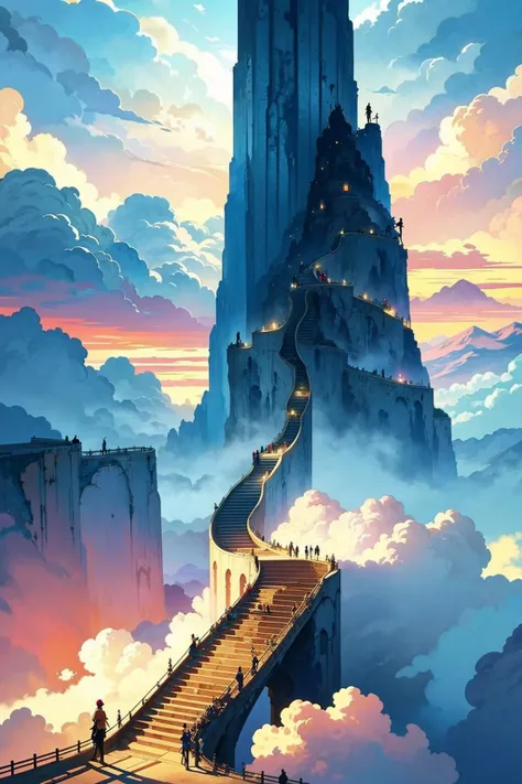 A surreal depiction of the quest for equality, represented by a vast, ((endless staircase winding through the clouds)), with diverse people climbing together toward a shining, elusive doorway at the top. The scene blends elements of fantasy and reality, with barriers along the path symbolizing various social obstacles. The mood is hopeful yet challenging, with ethereal lighting and symbolic motifs scattered throughout.