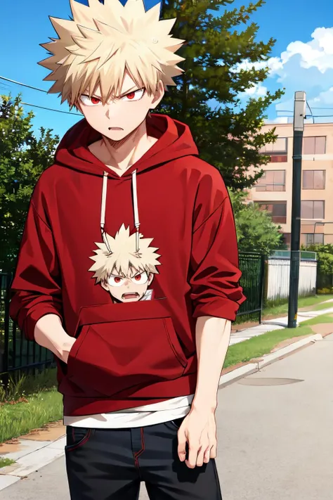 <lora:bakugo:1> bakugo katsuki,red eyes, blonde hair, short hair,1boy,solo focus, spiked hair, collarbone, , outdoors, angry, hoodie, anger vein,