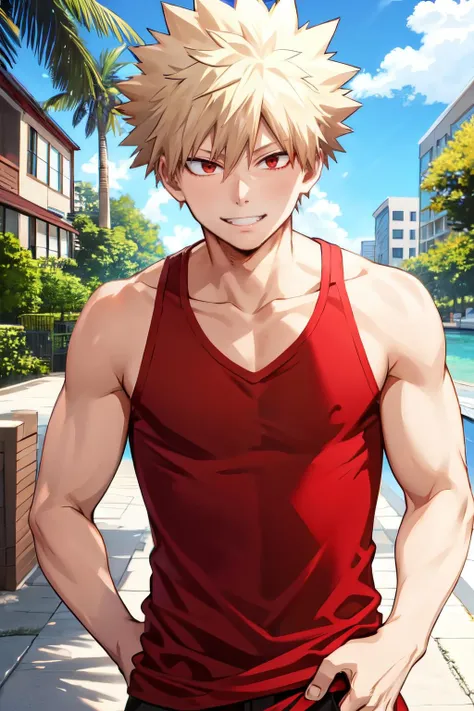 <lora:bakugo:1> bakugo katsuki,red eyes, blonde hair, short hair,1boy,solo focus, spiked hair, summer attire, parted lips, collarbone, , outdoors, smile