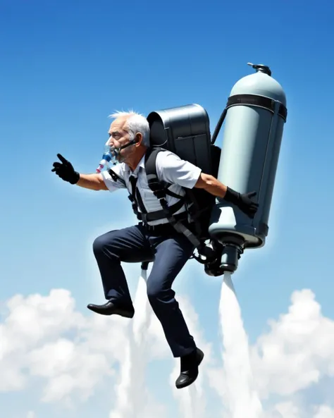 1boy, beard old man, realistic, shirt, jetpack, outdoors, day, flying,<lora:jetpack_v1:0.5>, black gloves, gas bombe, oxygen tank, mouth mask
