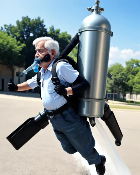 1boy, beard old man, realistic, shirt, jetpack, outdoors, day, flying,<lora:jetpack_v1:0.5>, black gloves, gas bombe, oxygen tank, mouth mask