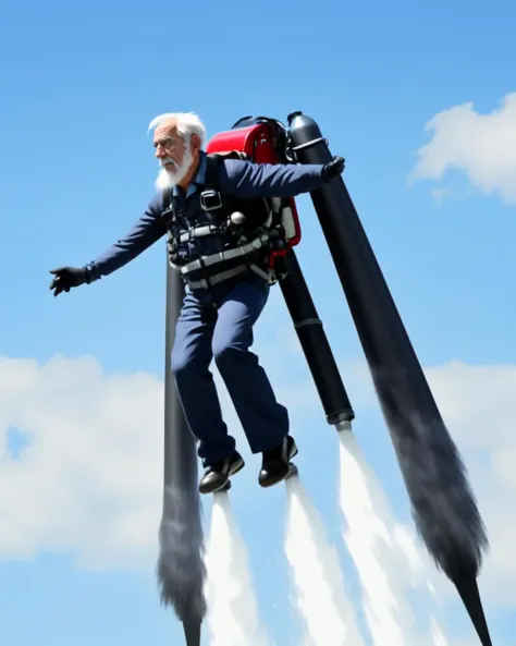 1boy, beard old man, realistic, shirt, jetpack, outdoors, day, flying,<lora:jetpack_v1:0.5>, black gloves