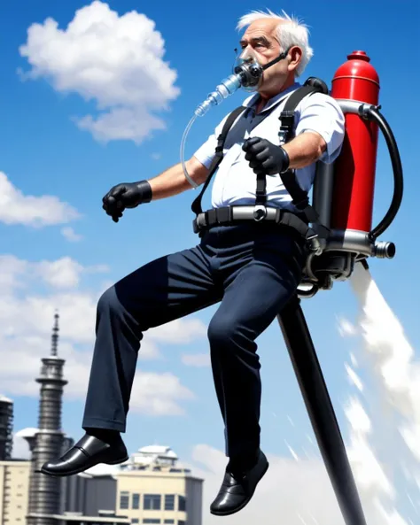 1boy, beard old man, realistic, shirt, jetpack, outdoors, day, flying,<lora:jetpack_v1:0.5>, black gloves, gas bombe, oxygen tank, mouth mask
