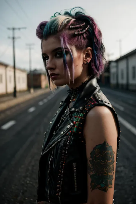 A stunning intricate full color portrait of tsm, dressed as punk rock girl, epic character composition, by ilya kuvshinov, alessio albi, nina masic, sharp focus, natural lighting, subsurface scattering, f2, 35mm <lora:ToniStorm-RealVision-V1.0:1>