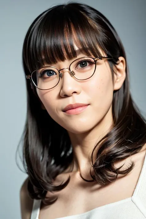 aimer,eyeglasses,(8k, best quality, masterpiece:1.2),(intricate details:1.4),(photorealistic:1.4),octane render, complex 3d render ultra detailed, studio soft light, rim light, vibrant details, ultra detailed, realistic skin texture, detailed face,(smile:1.2), extremely detailed CG unity 8k wallpaper, makeup,(detailed random background:1.2),(half body), <lora:aimer:0.7>