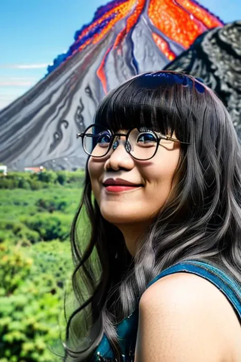 (aimer:1.2), a woman wearing glasses, (erupting volcano in the background:1.3), outdoors, full bangs, 8 0 mm photo, she is facing the camera, almost smiling, moe, photo of the girl, in 2 0 1 5, coloured photo, <lora:aimer_v10:1.0>,