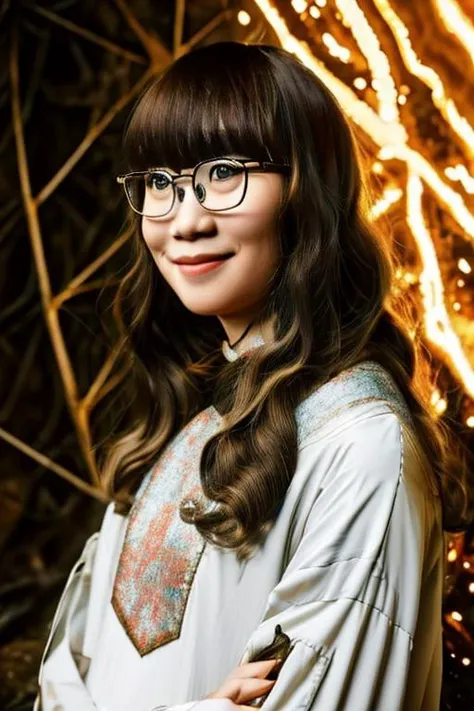 aimer:1.2, a woman wearing glasses standing in front of a (forest fire in background:1.3), full bangs, 80mm photo, realistic studio photo, she is facing the camera, almost smiling, moe, photo of the girl, in 2 0 1 5, coloured photo, <lora:aimer_v10:1.0>,
