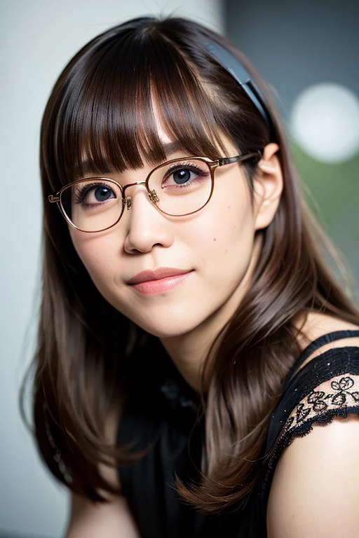 aimer,eyeglasses,(8k, best quality, masterpiece:1.2),(intricate details:1.4),(photorealistic:1.4),octane render, complex 3d render ultra detailed, studio soft light, rim light, vibrant details, ultra detailed, realistic skin texture, detailed face,(smile:1.2), extremely detailed CG unity 8k wallpaper, makeup,(city background:1.2),(half body), <lora:aimer:0.7>