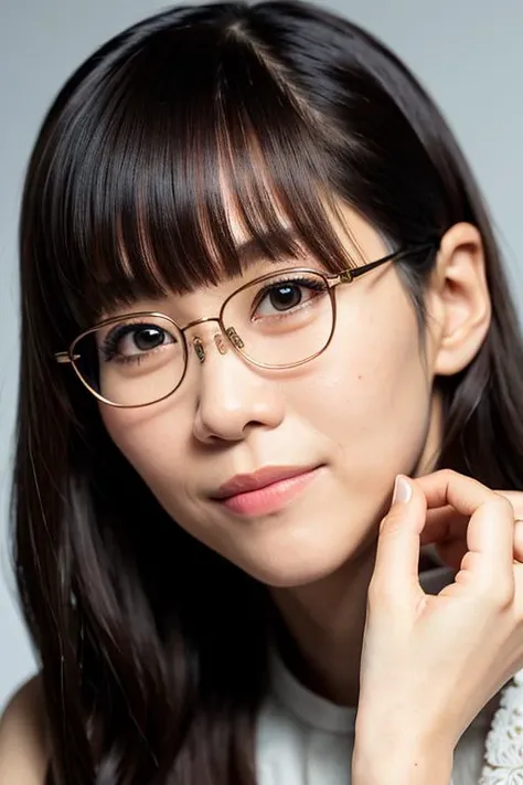 aimer,eyeglasses,(8k, best quality, masterpiece:1.2),(intricate details:1.4),(photorealistic:1.4),octane render, complex 3d render ultra detailed, studio soft light, rim light, vibrant details, ultra detailed, realistic skin texture, detailed face,(smile:1.2), extremely detailed CG unity 8k wallpaper, makeup,(city background:1.2),(half body), <lora:aimer:0.7>