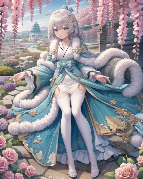 (masterpiece:1.2),best quality,highest quality,detailed and intricate,original,highres,8k,illustration,
nice hands,perfect hands,<lyco:GoodHands-beta2:1>, (magical tower, castle,volcano,mountain,waterfall,garden:0.7), , (wisteria:0.8), rose, flower,,
, depth of field,( full body:1.2) , , sun , (cleavage,large breasts:0.0), ,(1girl:1.2), , <lora:starlit_astrologos_v7:1.0>,starlit astrologos, chinese_clothes, long_sleeves, white_thighhighs, <lora:torinoAquaStyleLora_offset:0.9>