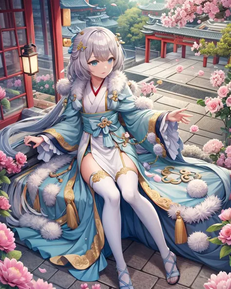 (masterpiece:1.2),best quality,highest quality,detailed and intricate,original,highres,8k,illustration,
nice hands,perfect hands,<lyco:GoodHands-beta2:1>, (magical tower, castle,volcano,mountain,waterfall,garden:0.7), , (wisteria:0.3), peony \(flower\), lantern,  flower,, (asian temple:1.2), 
,  depth of field,( full body:1.2) ,  , sun ,  (cleavage,large breasts:0.0),      ,(1girl:1.2),    ,      <lora:starlit_astrologos_v7:1.0>,starlit astrologos,  chinese_clothes, long_sleeves, white_thighhighs, <lora:torinoAquaStyleLora_offset:0.95>