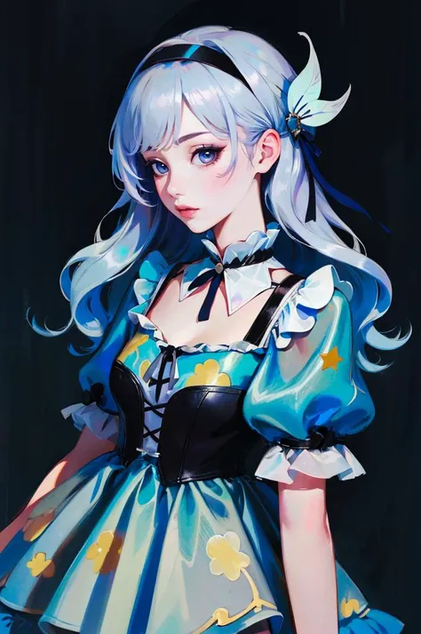 <lora:s0ftm1n1:0.77> s0ftm1n1, dress, short sleeves, puffy sleeves, layered dress, cowboy shot,   <lora:firefly-v2-kozue:0.5> 1girl, blue eyes, grey hair, long hair, hair ornament, black hairband,, absurdres, ultra detailed, masterpiece, best quality, aesthetic, detailed,