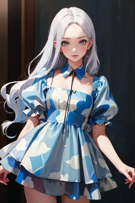 <lora:s0ftm1n1:0.77> s0ftm1n1, dress, short sleeves, puffy sleeves, layered dress, cowboy shot,, absurdres, ultra detailed, masterpiece, best quality, aesthetic, detailed,, serious, 1girl, (white eyes:1.1), (grey eyes:1.3), white hair, very long hair, parted hair, parted bangs, <lora:parted_hair_v1.3:1.3>, medium breasts,