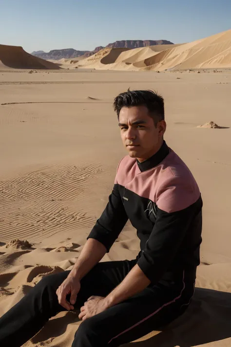 man wearing a pink pcdst uniform, sitting in the sand in the desert, black sleeves, black chest, upper body,
<lora:STPicardUniforms:0.8>