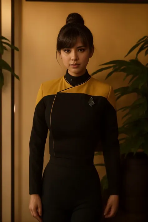 one sexy girl, super model, chignon, bangs, prefect face, make up, brown eyes, lips, big tits, wearing (pcdst yellow uniform,black pants,black long sleeves,black chest:1.2)<lora:STPicardUniforms:0.8>, standing, indoor, wallpaper, plant, looking at viewer, soft lighting, film grain, from below<lora:more_details:0.6>