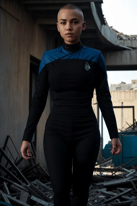 1girl with buzzcut and face tattoo wearing (pcdst black and blue uniform,black pants,black long sleeves,blue shoulders,badge:1.2),(large breasts:1.2)<lora:STPicardUniforms:0.8>, bright sun,walking trough the rubble in deserted city,ruins, dramatic cinematography, RAW photo,
high resolution, high quality, detailed, masterpiece, hdr, sharp,
[Watercolor style],[ sassy style],
amazing, beautiful, breathtaking, astonishing, brilliant, incredible,