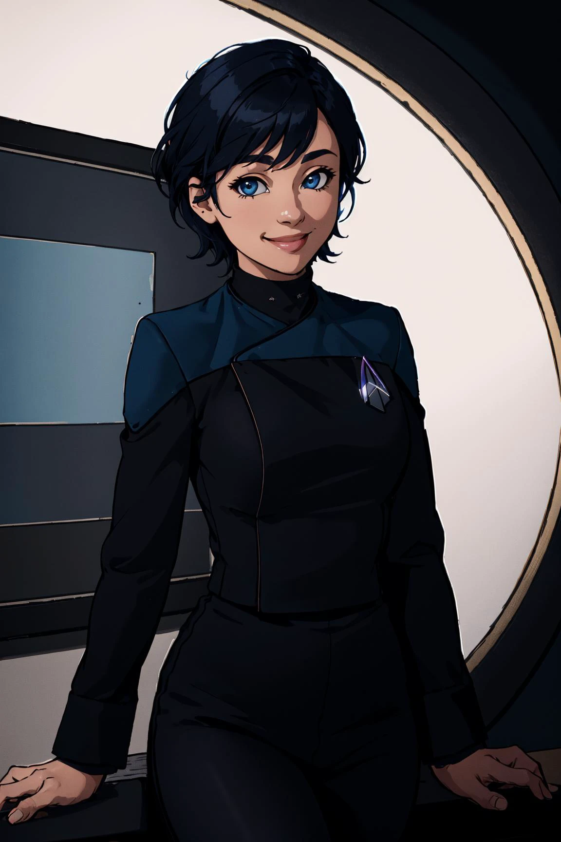 woman in blue and black (pcdst:1.3) uniform,black sleeves,rainbow hair,smiling,in a village,8k uhd, dslr, soft lighting, high quality, film grain,masterpiece quality,Fujifilm <lora:STPicardUniforms:0.8>