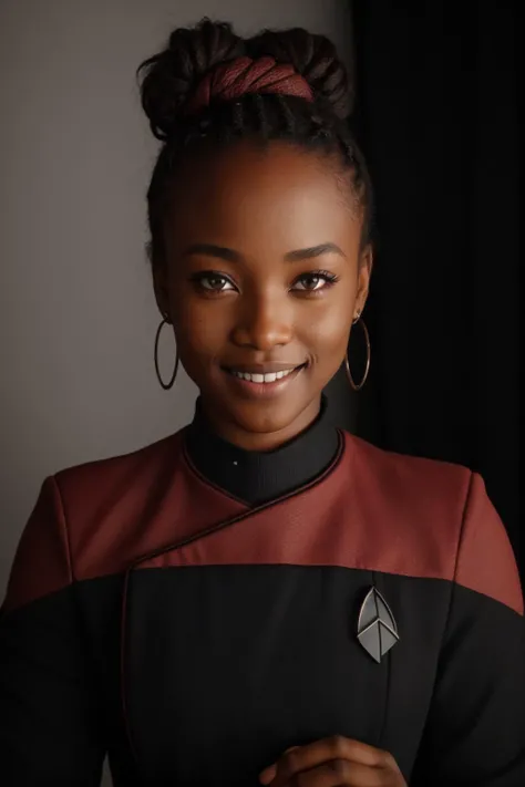 Photo of african woman, ((in photo studio)), hair in ((messy bun)), Professional, ((smiling)), model shoot style, extremely intricate, High Detail, Sharp focus, dramatic, soft cinematic light, (looking at viewer), (Real Eyes), (Detailed Eye Corneas) (detailed pupils), smiling, 24mm, photo lab, elegant, insane details, hyperdetailed, low contrast, epiCRealism, (((SFW))),
wearing (pcdst black and red uniform,black pants,black long sleeves,red shoulders:1.2),<lora:STPicardUniforms:0.8>